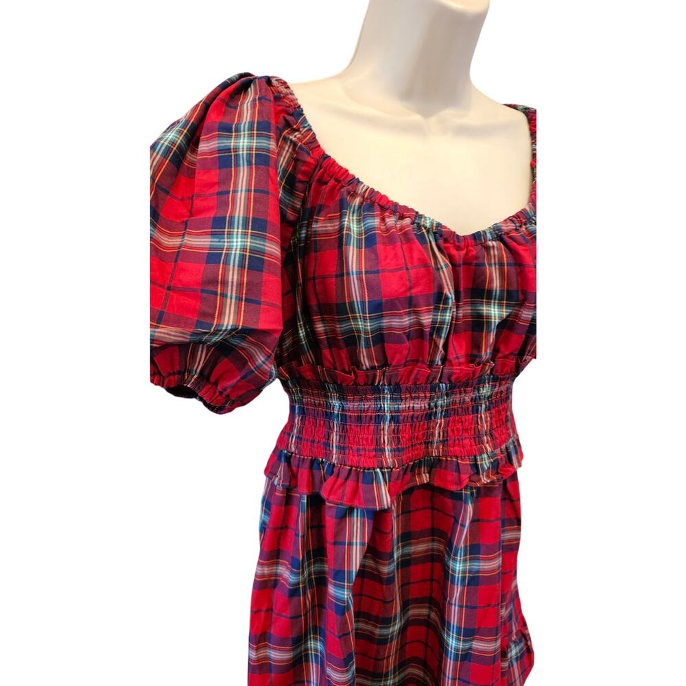 phoebe check puff sleeve mini dress in red multi tartan holiday Christmas M - Picture 3 of 10